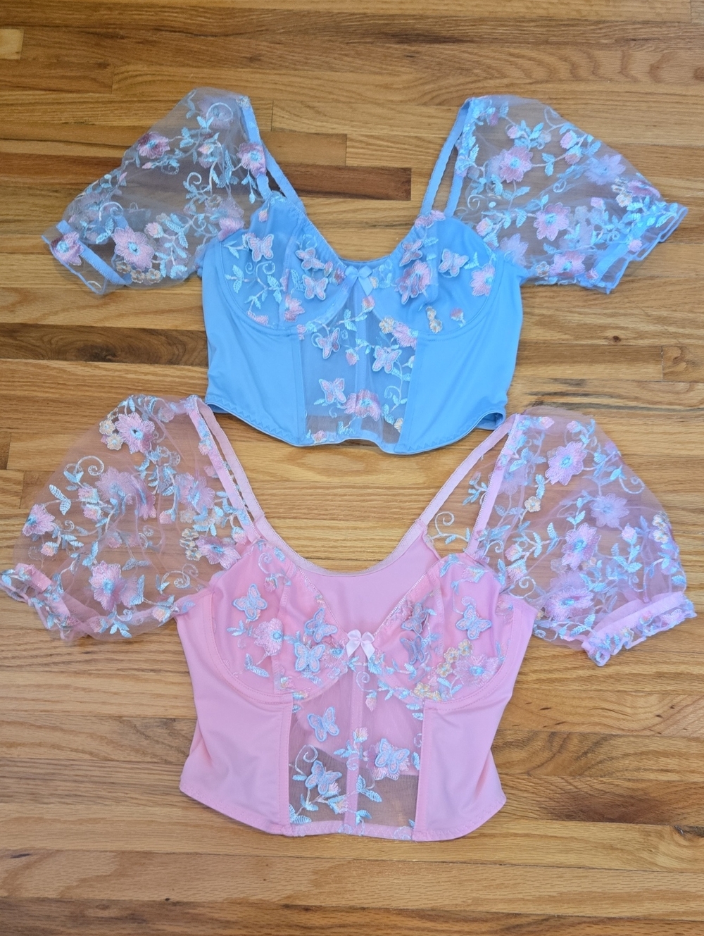 Women's Floral Embroidered Mesh Crop Top - Pink / Blue